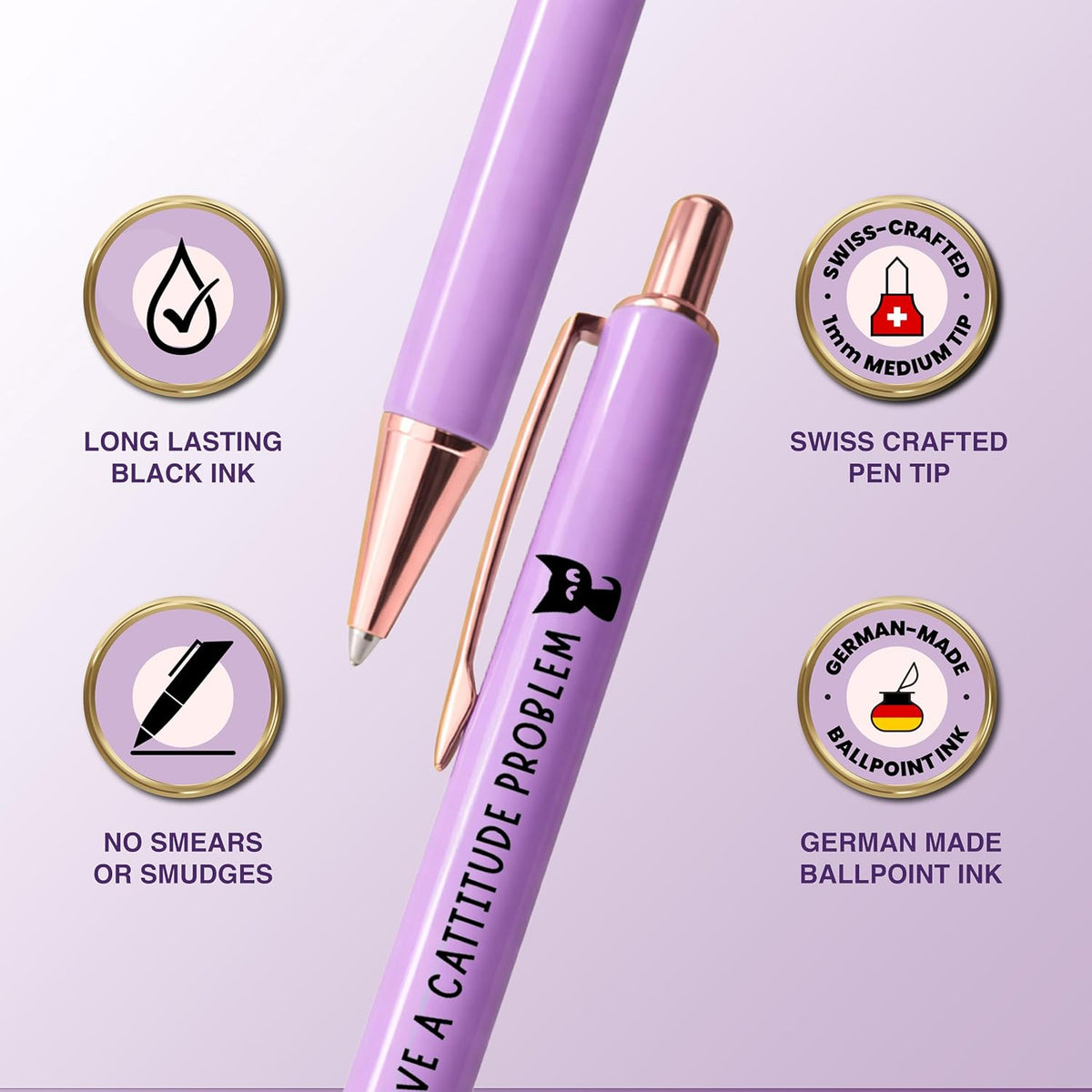 MESMOS 3pk Cute Cat Pens, Sassy and Funny Cat Lover Gifts for Women, Aesthetic Ballpoint Pens Beautifully Packaged, German-made Ink and Swiss-made Ink