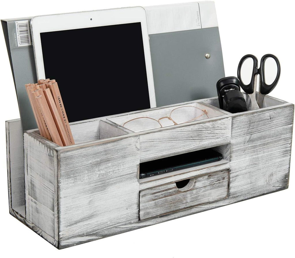 Liry Products Whitewashed Wooden Desktop Organizer Multiple Compartments Rack Shelf Drawer Tabletop Wood Storage Cabinet Office Supplies Caddy Document Stationery Holder Accessory Sorter Vanity Home