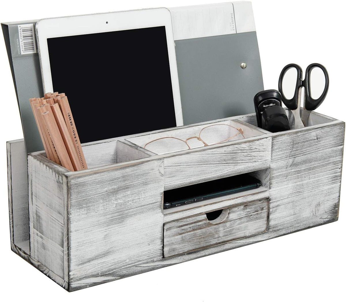 Liry Products Whitewashed Wooden Desktop Organizer Multiple Compartments Rack Shelf Drawer Tabletop Wood Storage Cabinet Office Supplies Caddy Document Stationery Holder Accessory Sorter Vanity Home