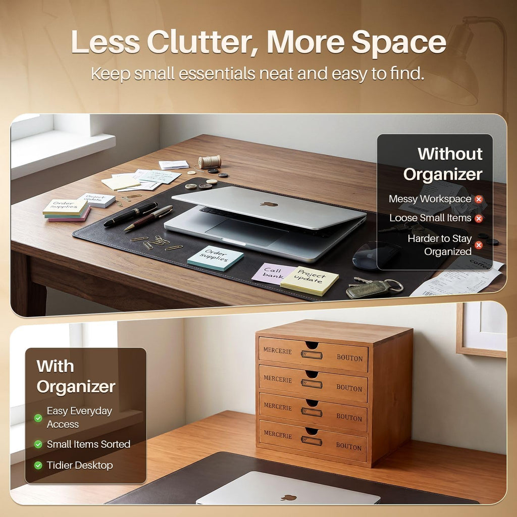 Flexzion Wooden Storage Box with 4 Drawers, Vintage Desktop Organizer