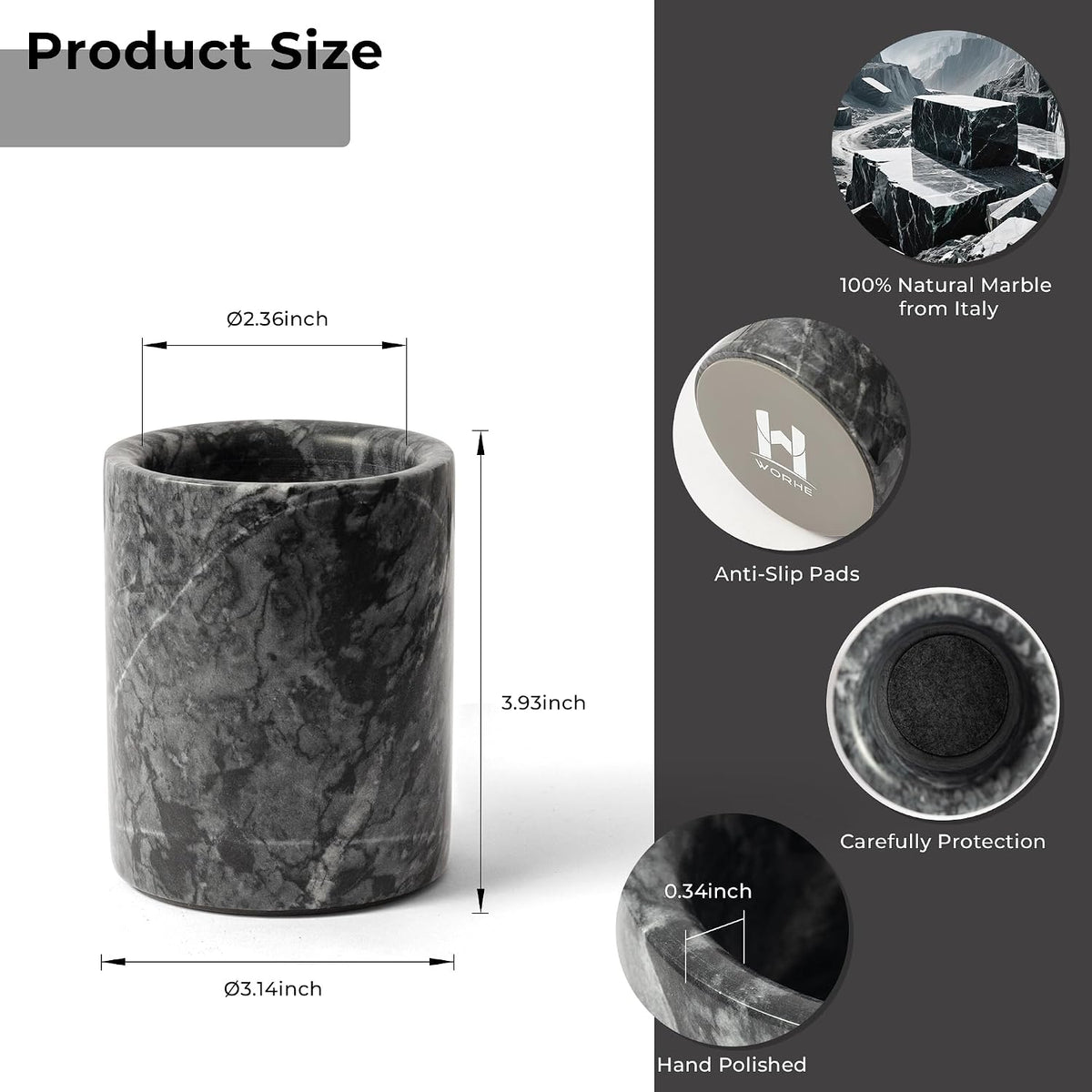 Pen Holder Stand Italy Natural Premium True Marble Makeup Brush Holders, Tableware Organizer Desk Pencil Cup for Home Office School Decor Dark Grey (DL012)