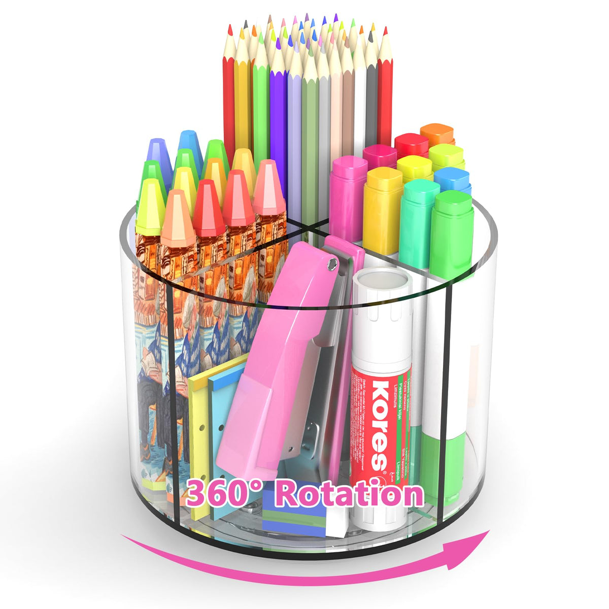 Rotating Markers Organizer for Kids, Acrylic Lazy Susan Organizers for Desks, 360 Degree Spinning Pencil Holders Pen Holders, Clear Arts and Crafts Organizer Storage, Art Supply Storage 6 Compartments