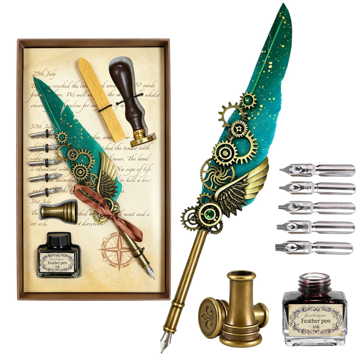Joyeee Grey Feather Quill Pen Set, with Dip Pen Ink, Pen Nib Base, Replacement Stainless Steel Nibs, Sealing Wax Stamp Kit for Calligraphy Practice, Drawing & Signatures, Best Gifts for Women Men