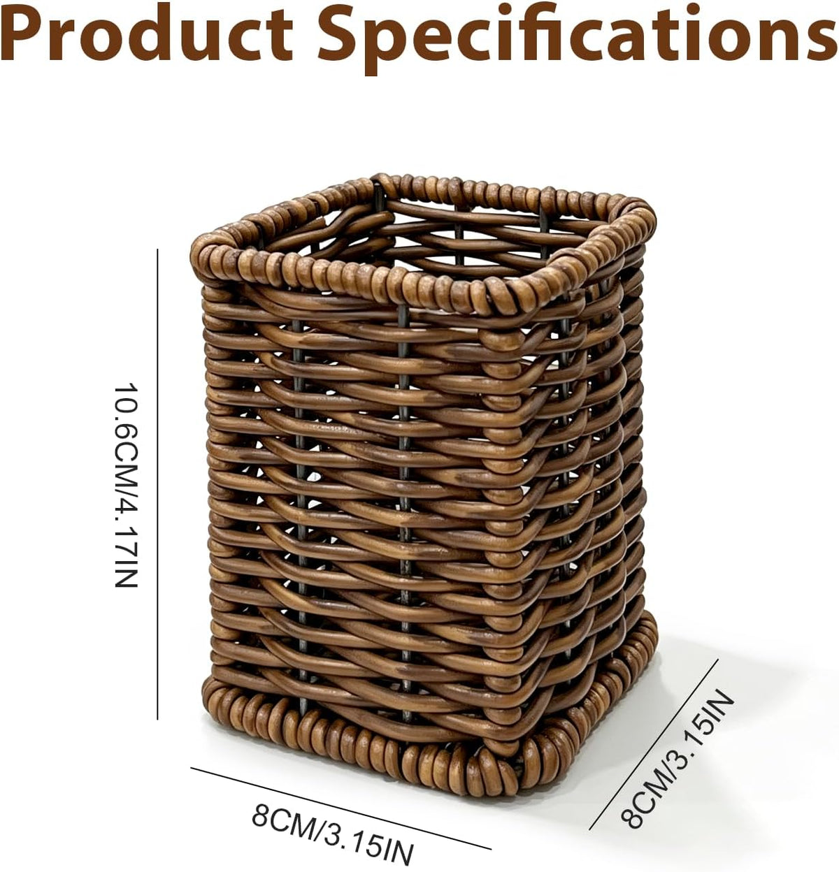 Rattan Woven Pencil Holder, Dark Brown Desk Cup, 4.2×3.2×3.2in