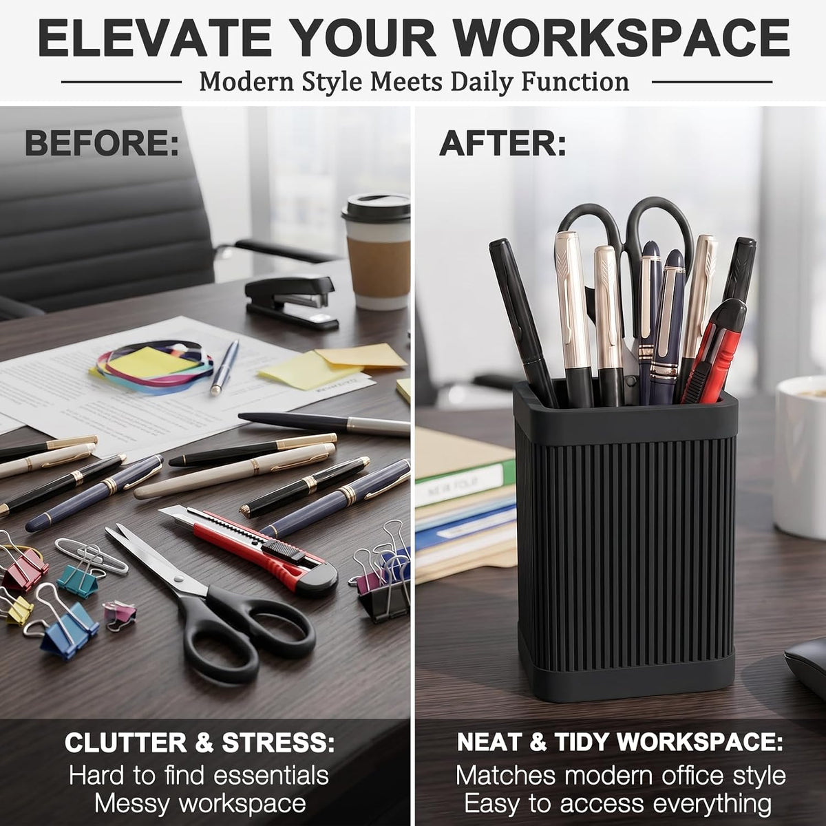 HighHerz Aesthetic Pen Holder For Desk, Modern Silicone Pencil Holder, Stylish Office Desk Decor, Made of 5 mm Thickened Premium Silicone, Office Desk Organizer And Accessories (Black)