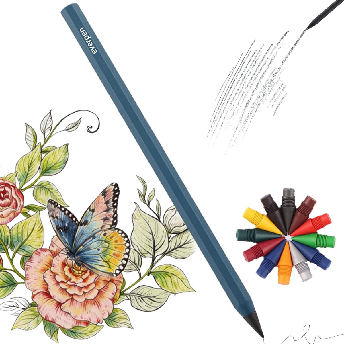 Forever Pencil,Metal Alloy Writing Instrument, With 12 Colored Refill Tips, No Sharpening Required, Pencils for Drawing, Sketching and Writing,Bonus Gift Storage Box (Black, No Gift Box)