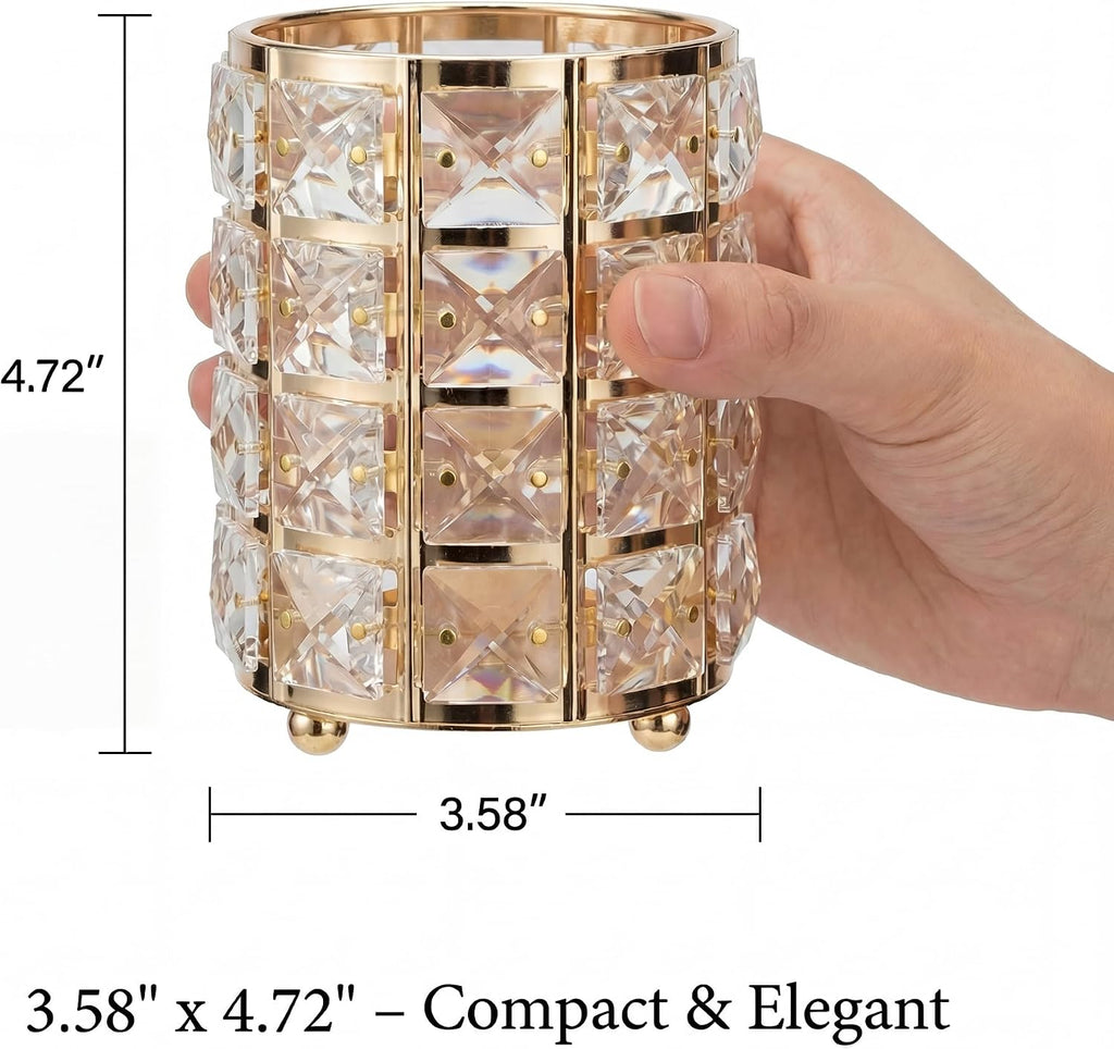 YAGELI Crystal Pen Holder for Desk, 3.58" Gold/Silver Pencil Cup