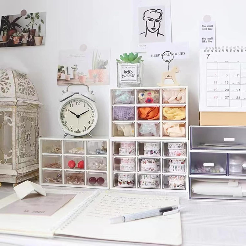 Small Drawer Organizer for Desk, 7.1" x 3. 8" x 4.6" Mini Desktop Drawer Organizer with 9 Clear Drawers, Plastic Desktop Craft Storage Box for Desk Office School Home (White)