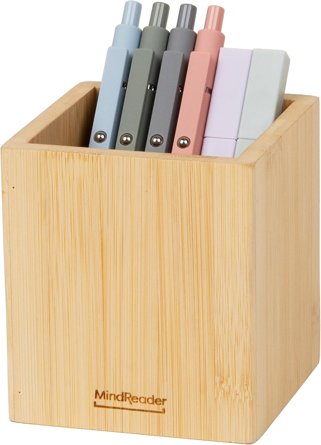 Mind Reader Pen Cup, Accessory Holder, Desktop Organization, Office, Bamboo, 3.5"L x 3.5"W x 3.875"H, Brown