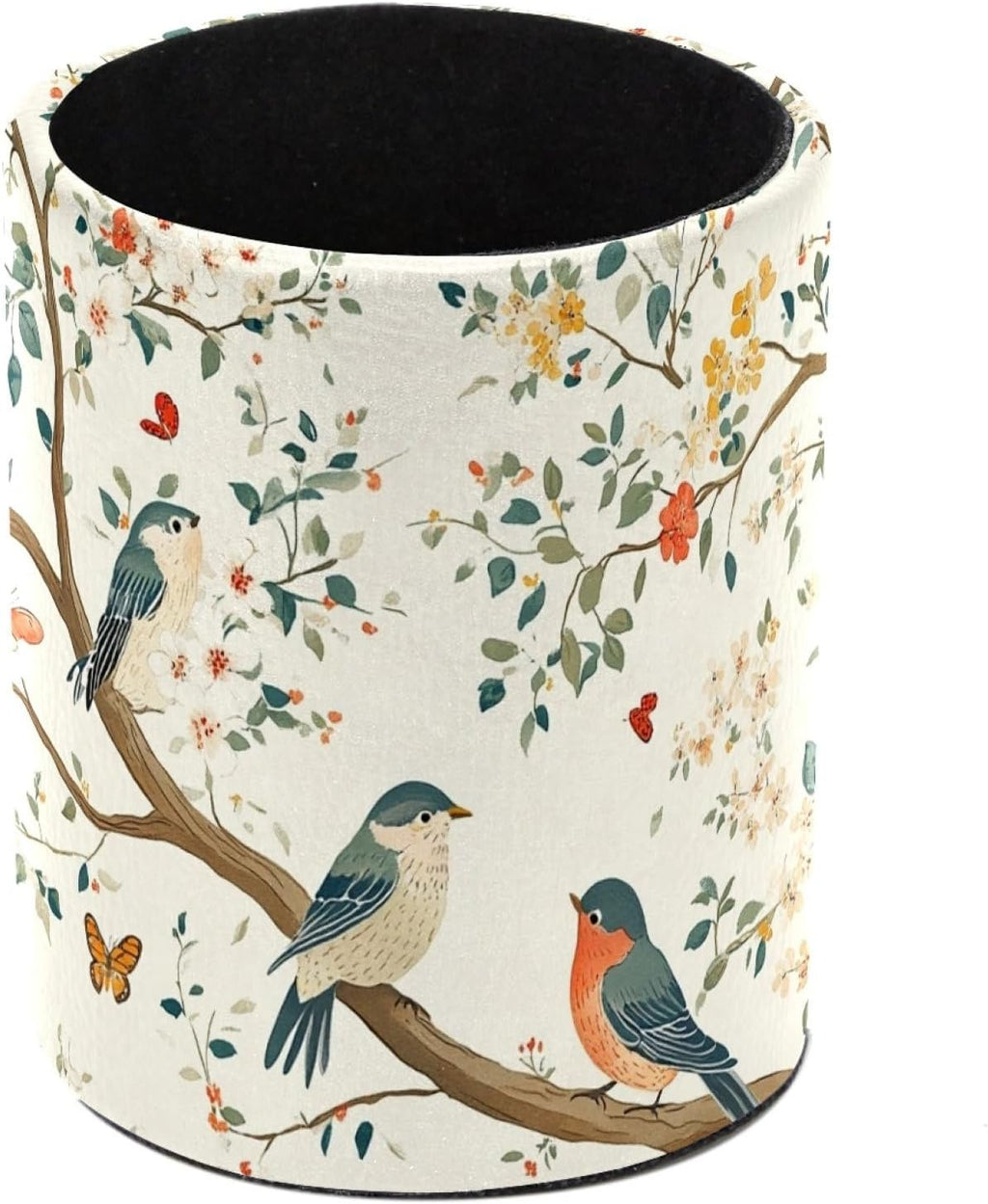 Leather Pen Holder for Desk, Birds Branches Butterflies Pencil Cup Pen Organizer Makeup Brush Holder for Office Home Kids Countertop Desk Accessory Storage