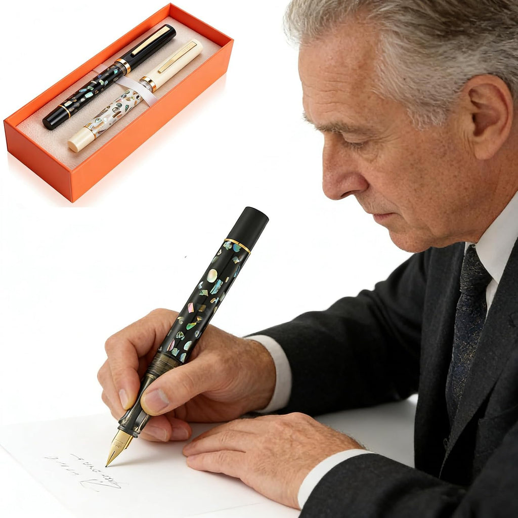 Jinhao 58 Fountain Pen Gift Set of 2 - Natural Sea Shell Inlay Fine Nib Luxury Writing Pens with Jinhao Orange Box & Ink Converters, Black & White