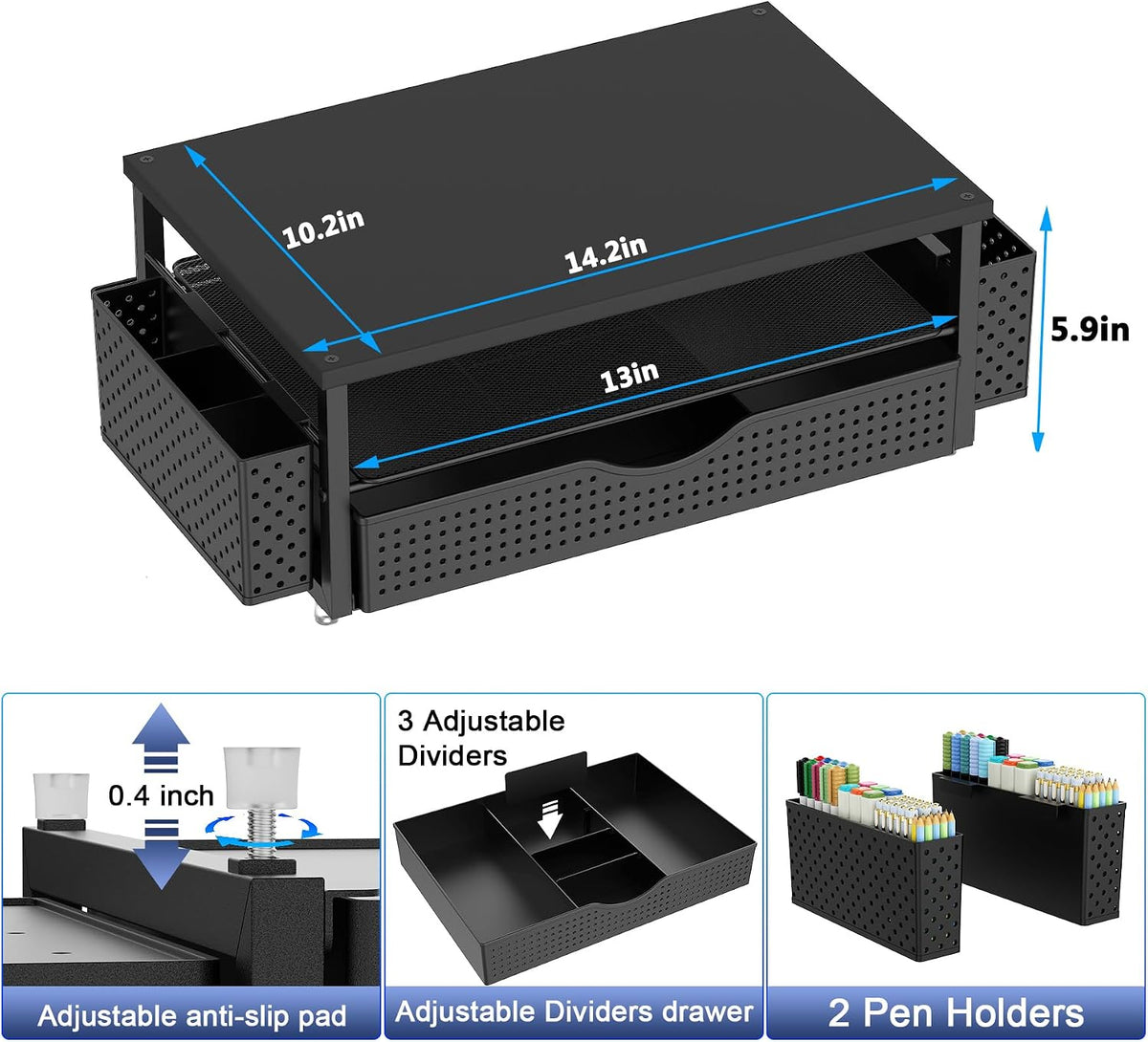 Spacrea Computer Monitor Stand with Drawer and 2 Pen Holders, Black