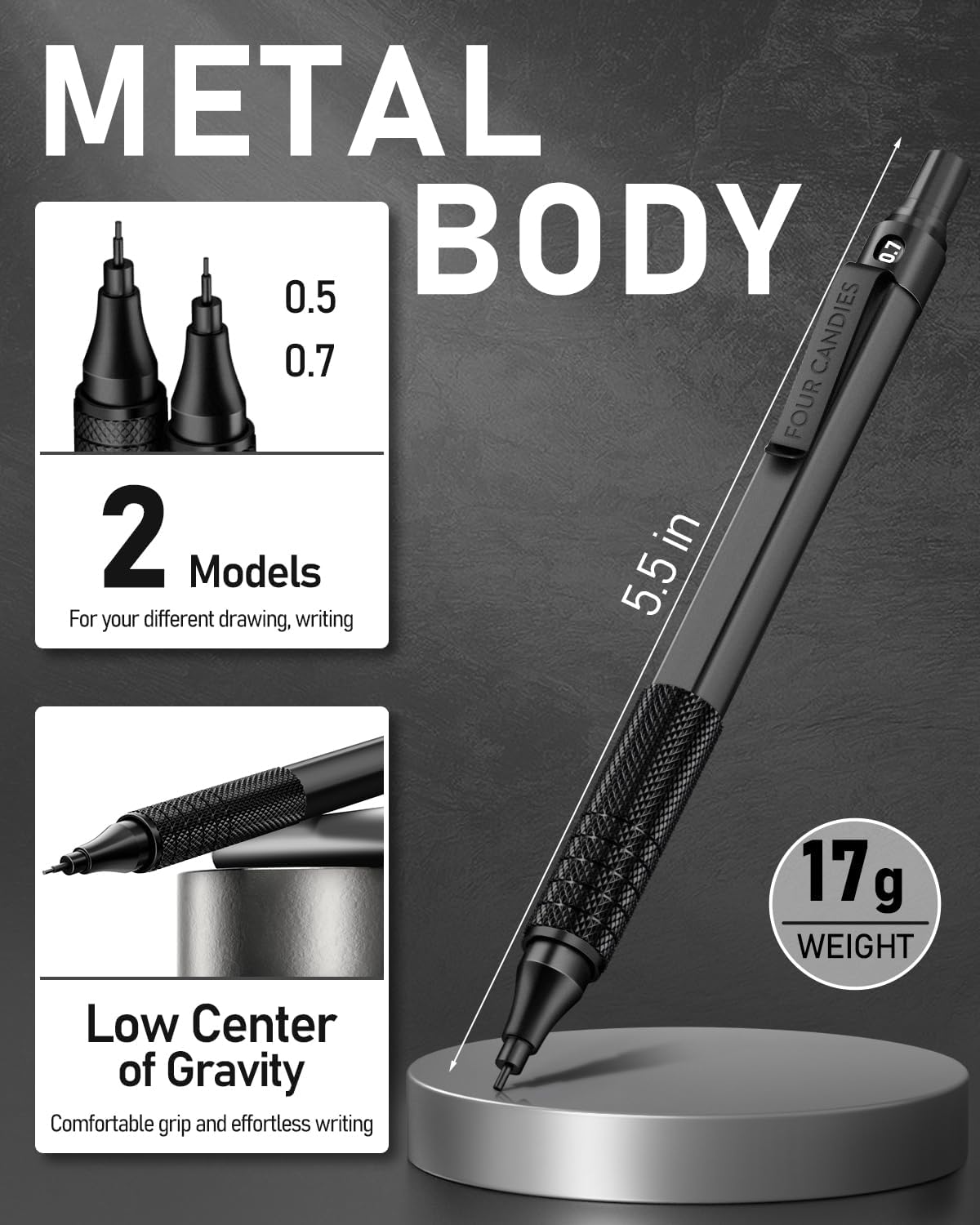2PCS Metal Mechanical Pencil Set, 0.5mm+0.7mm, Storage Case, Black＆Silver
