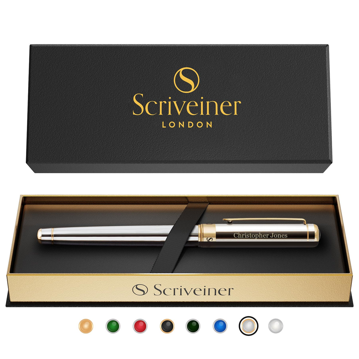 Scriveiner Black Green Rollerball Pen - Stunning Luxury Pen, Chrome Finish, Schmidt Ink Refill, Best Roller Ball Pen Gift Set for Men & Women, Professional, Executive Office
