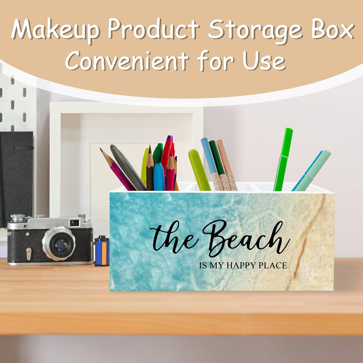 Beach Gifts for Women Men, The Beach Is My Happy Place Pen Holder for Home Office Kitchen Desk Decor, Beach Wooden Pencil Holder Sign Organizer for Home Office Desk Accessories,