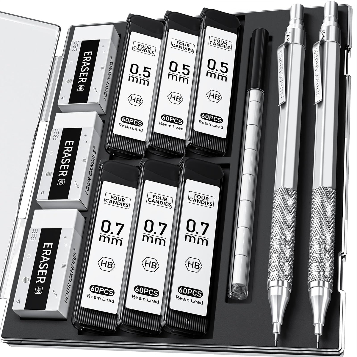 2PCS Metal Mechanical Pencil Set, 0.5mm+0.7mm, Storage Case, Black＆Silver