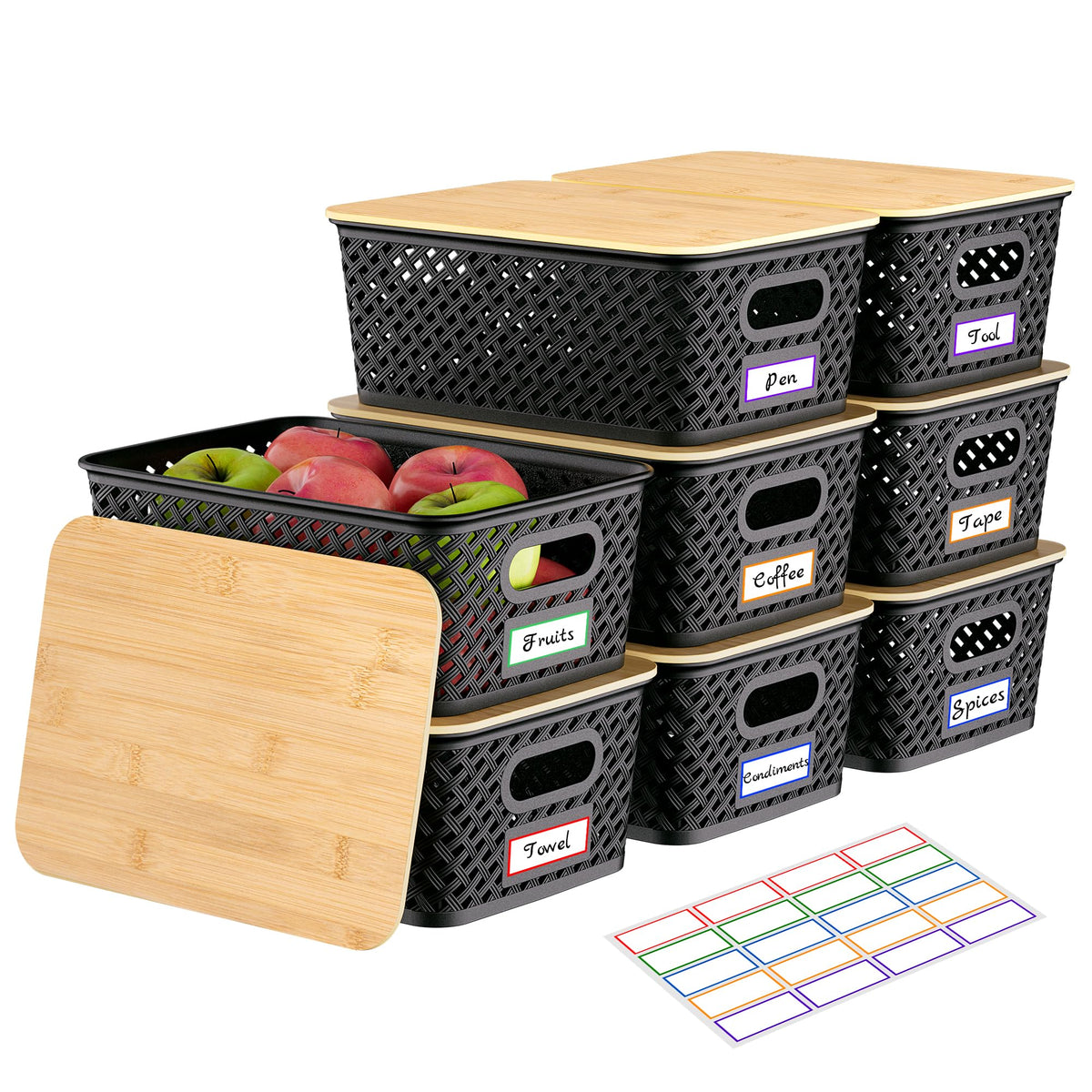 Anysig 8 Pack Plastic Storage Bins with Bamboo Lids, 5.2 QT Stackable Bins
