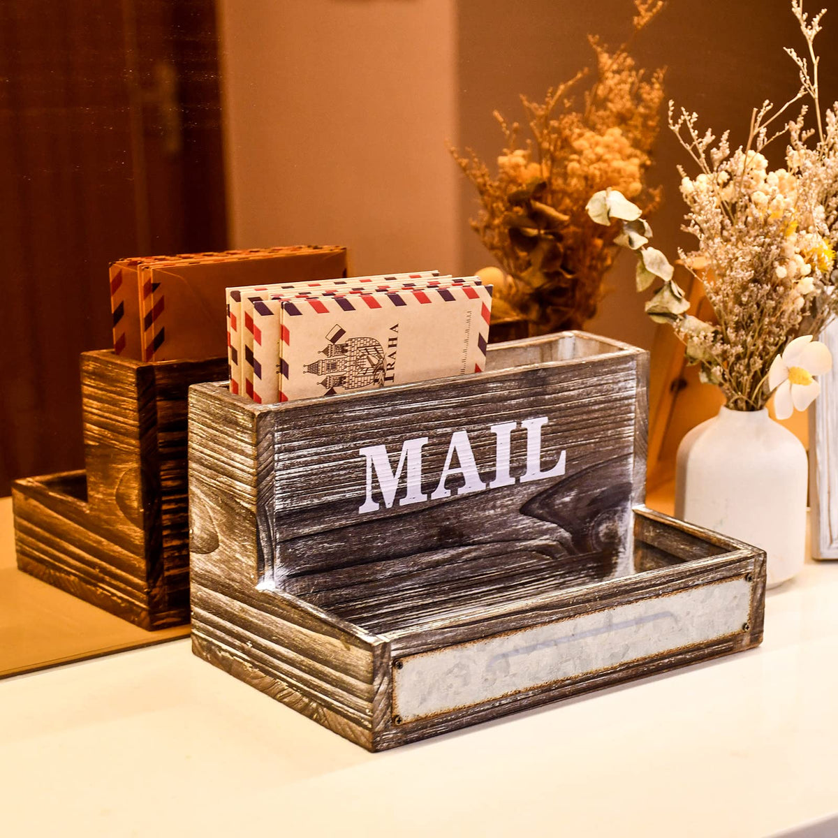 Desk Organizer with Drawers Light Brown Vintage Wood Desktop Storage Box