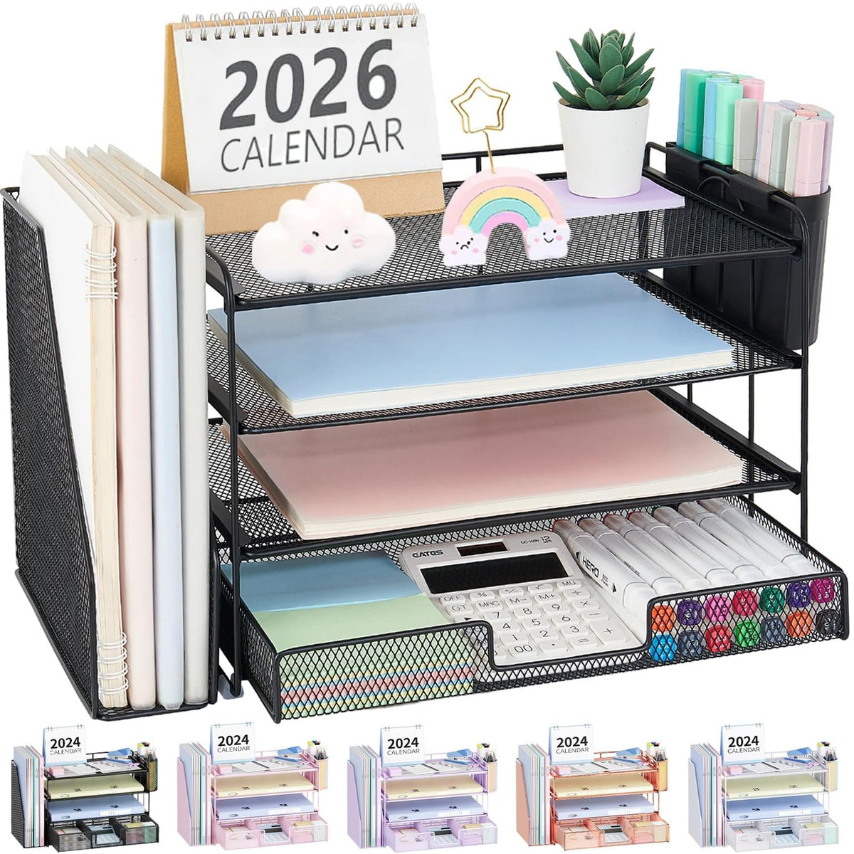 OPNICE Desk Organizer, 4-Tier Desktop File Organizer with Drawer and Pen Holders, Office Desk Accessories, File Sorters, Workspace Organizers for Office Supplies(Black)