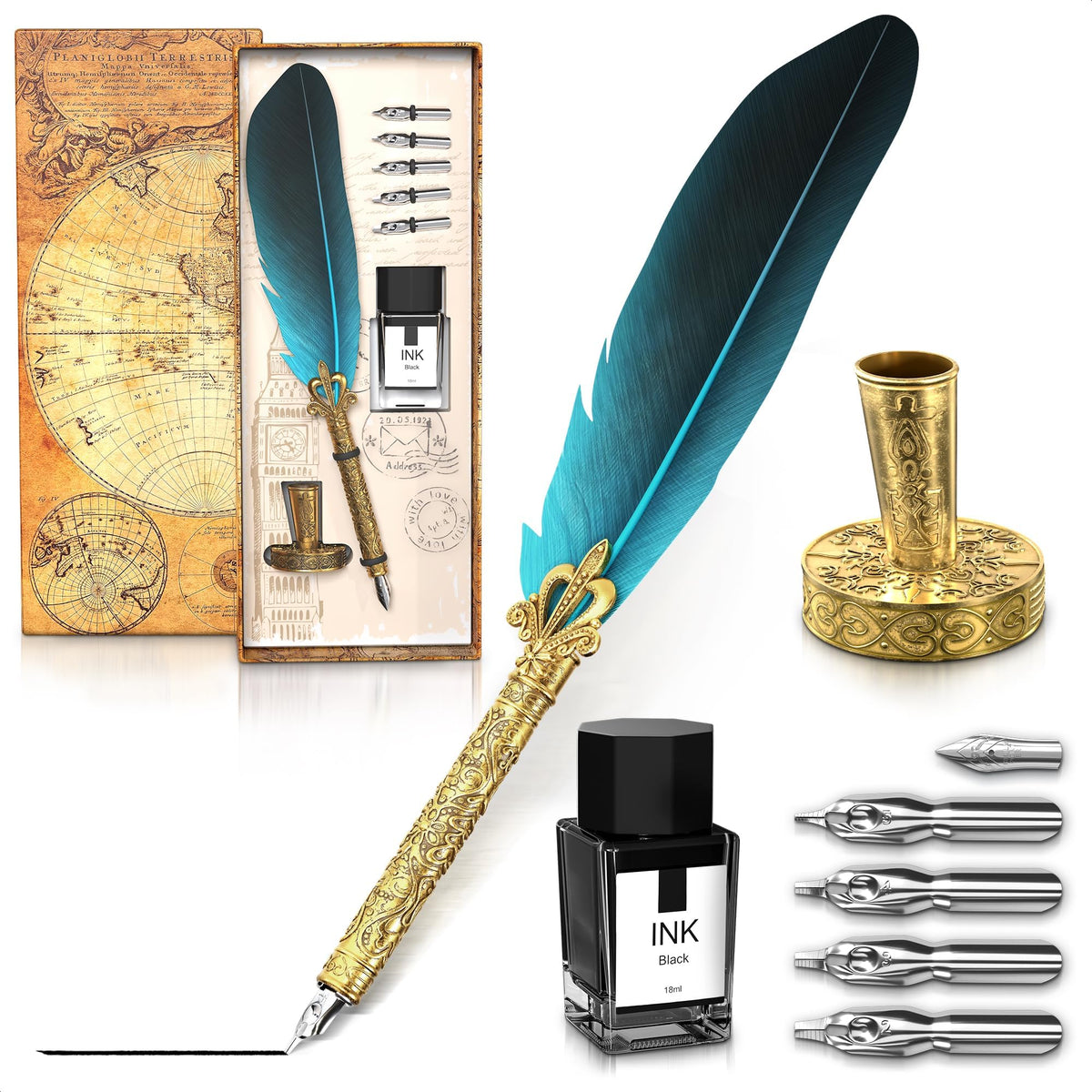 Lagarto Feather Pen and Ink Set, 11.4", 6 Steel Nibs, Inkwell (Red)