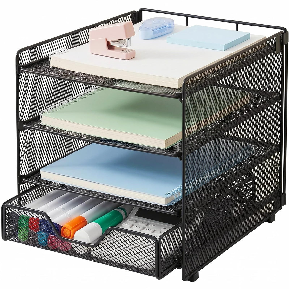 OPNICE Desk Organizer, 4-Tier Desktop File Organizer with Drawer and Pen Holders, Office Desk Accessories, File Sorters, Workspace Organizers for Office Supplies(Black)