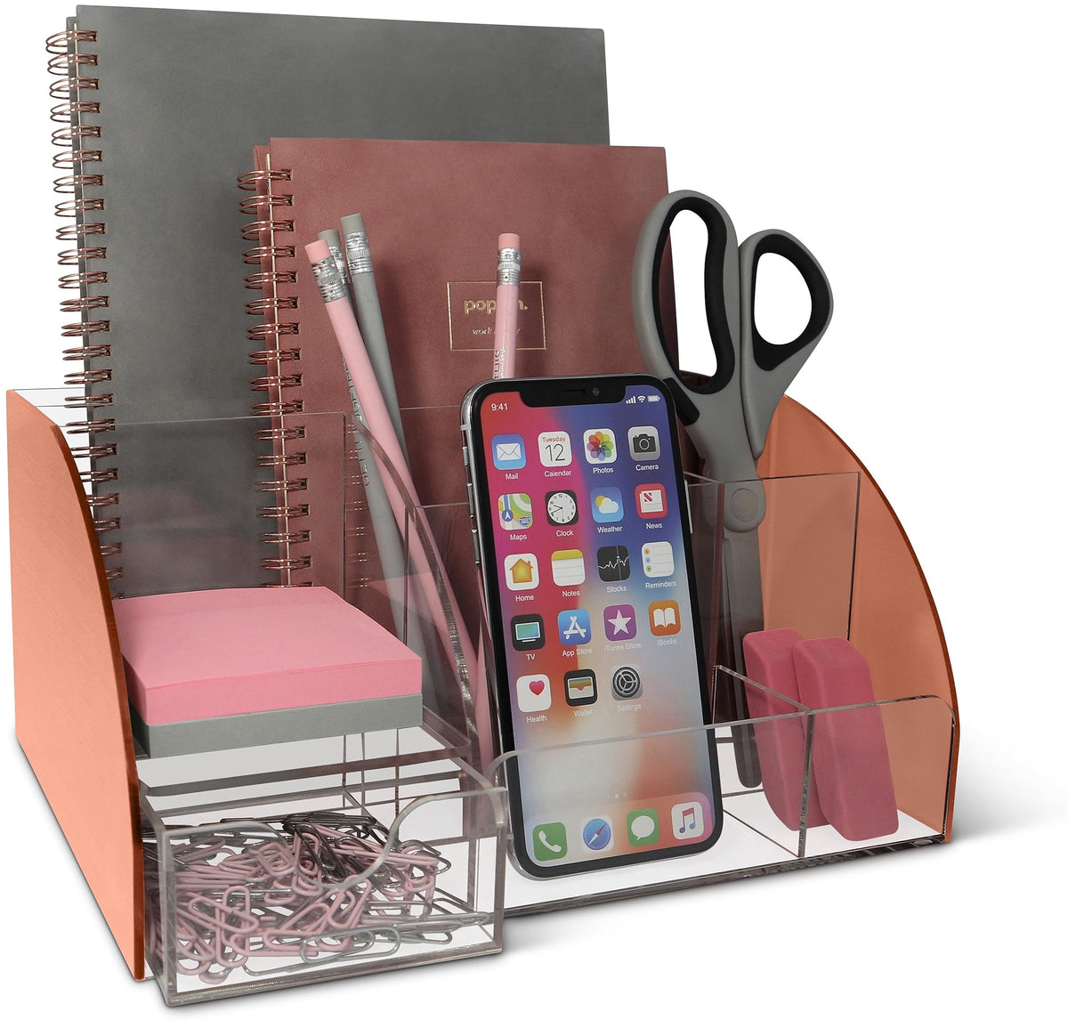 White Desktop Organizer - 9 Compartment Office Desk Accessories Organizer - Pen Holder