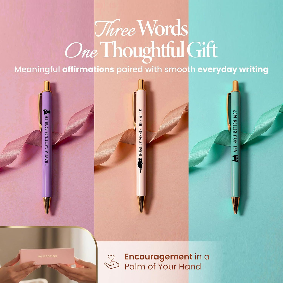 MESMOS 3pk Cute Cat Pens, Sassy and Funny Cat Lover Gifts for Women, Aesthetic Ballpoint Pens Beautifully Packaged, German-made Ink and Swiss-made Ink