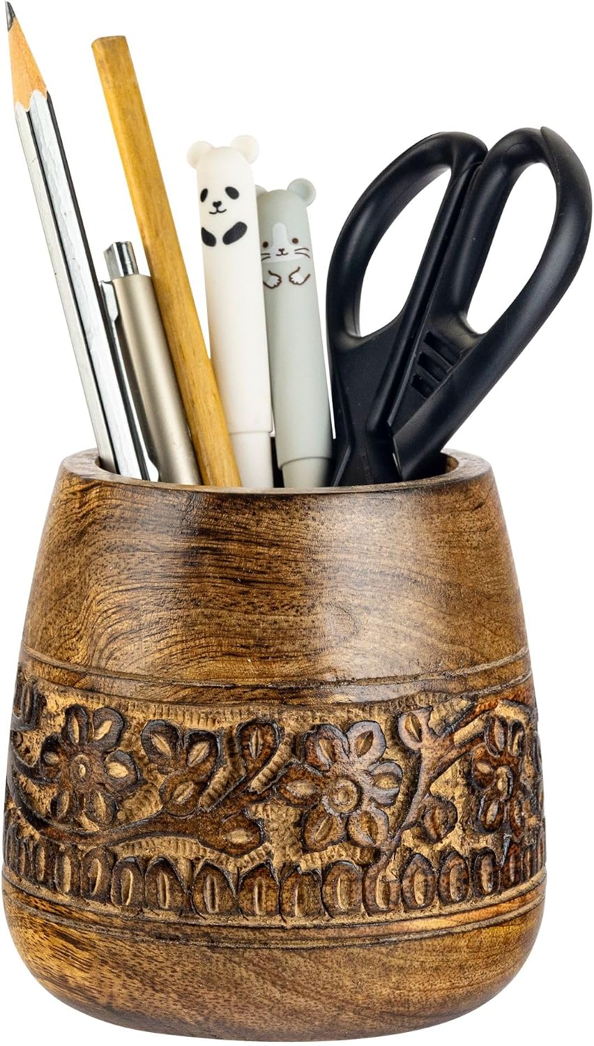Mie Creations Rustic Pencil Holder, Wooden Pen Stand, Table Desk Organizer