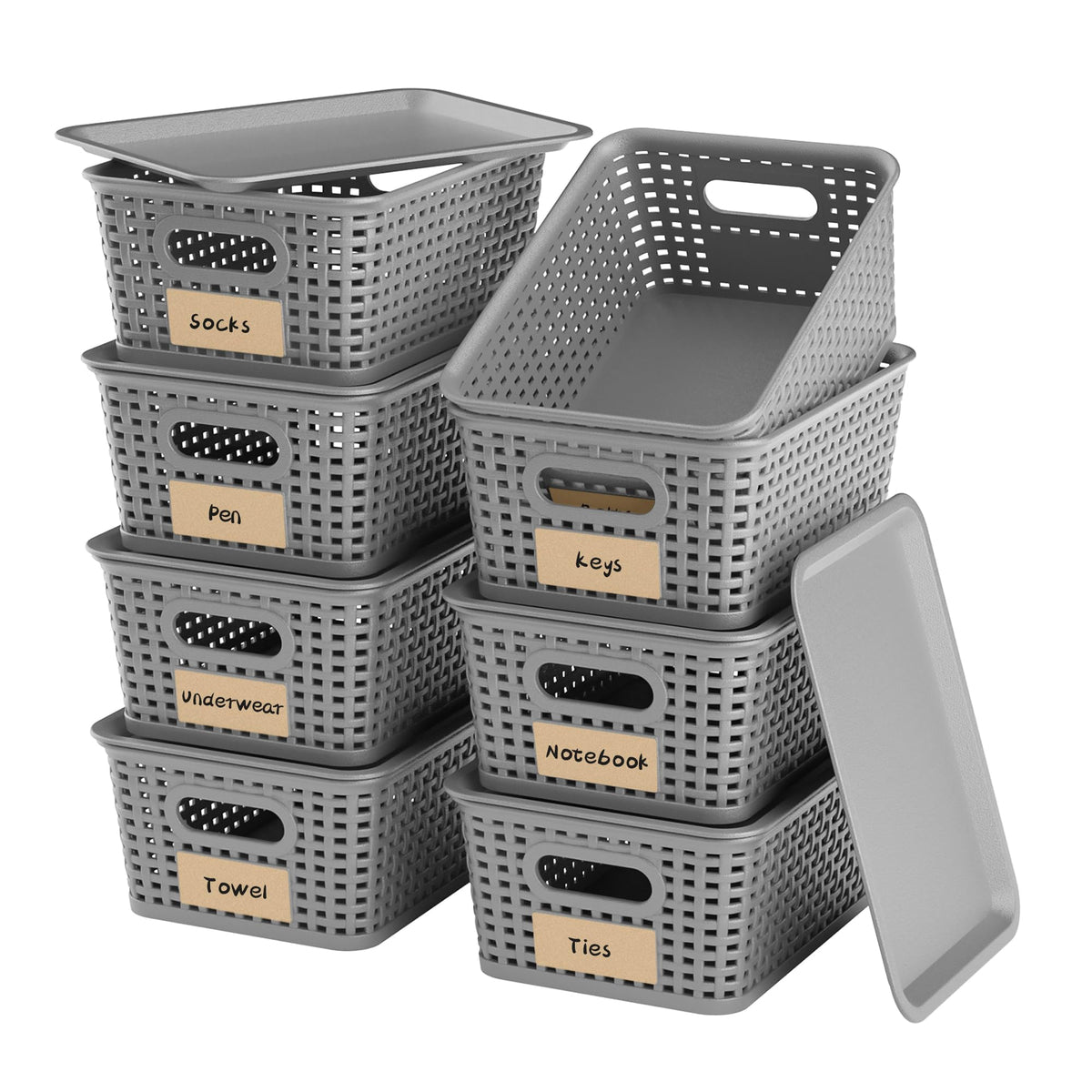 6 Pack Plastic Storage Baskets,White bamboo lid storage Box