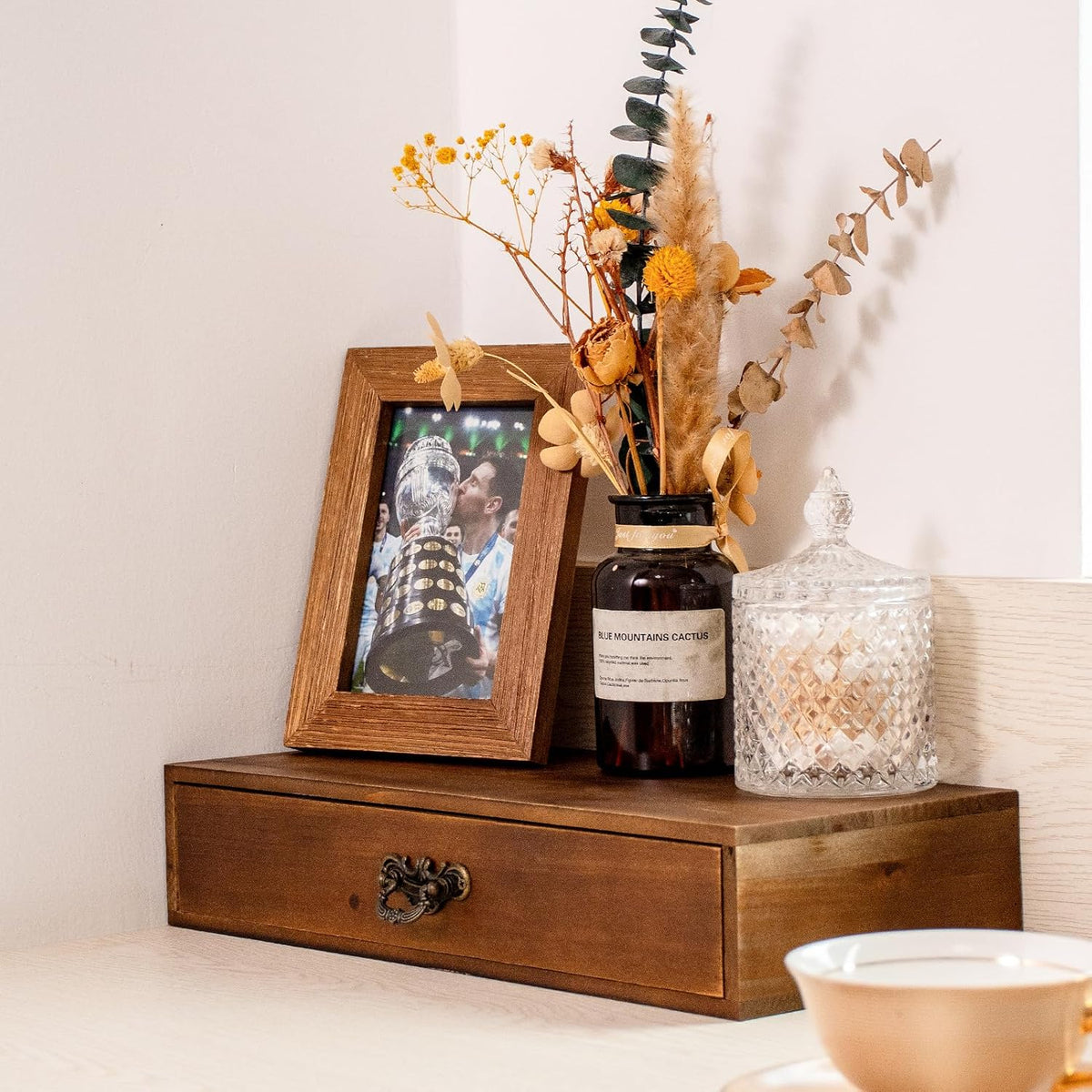 Desk Organizer with Drawers Light Brown Vintage Wood Desktop Storage Box