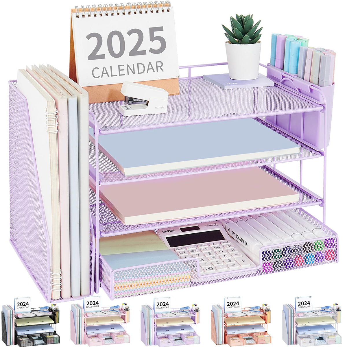 OPNICE Desk Organizer, 4-Tier Desktop File Organizer with Drawer and Pen Holders, Office Desk Accessories, File Sorters, Workspace Organizers for Office Supplies(Black)