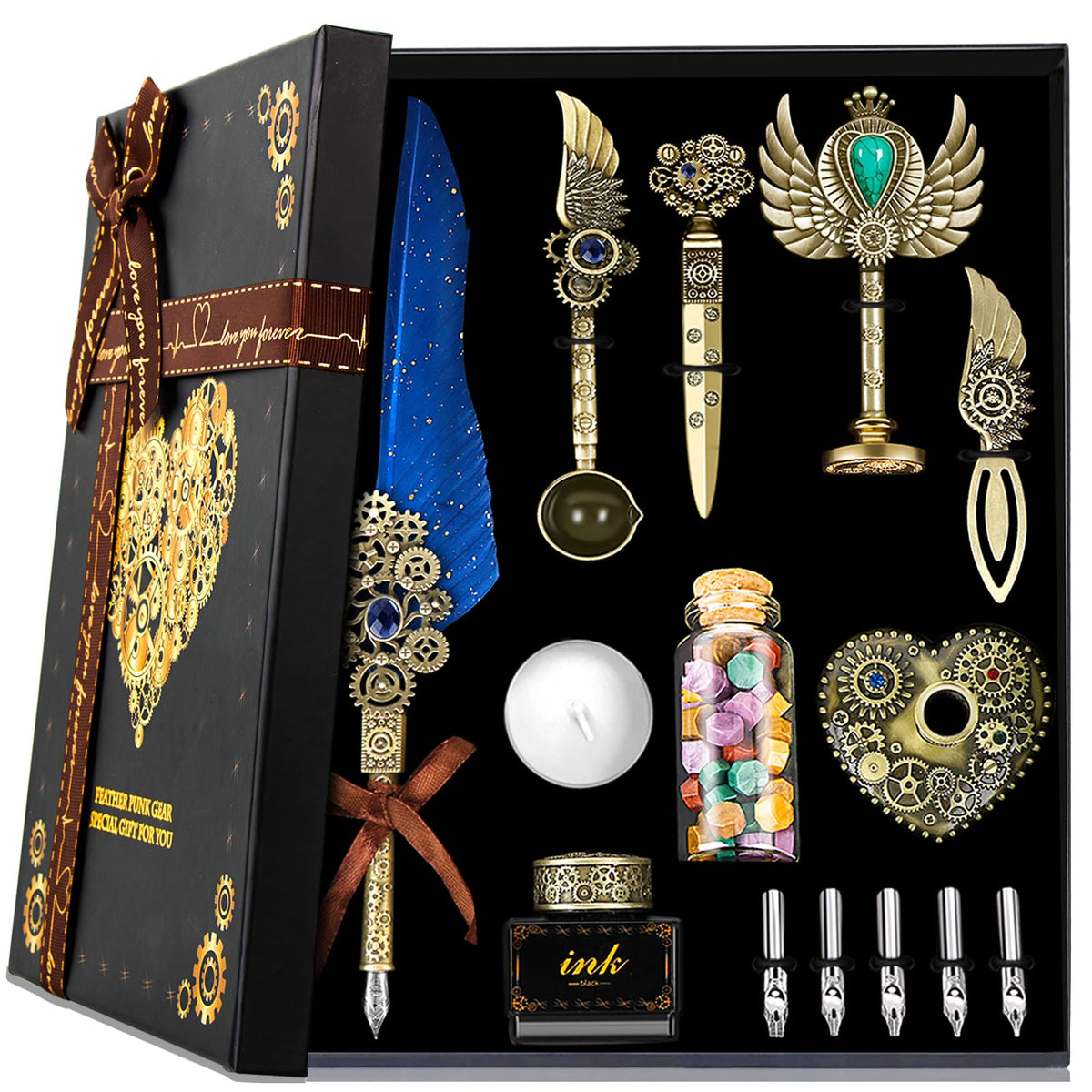 Feather Quill Calligraphy Pen Set With Ink and Wax Seal Stamp - Beautiful Gift Set for Christmas - Grey