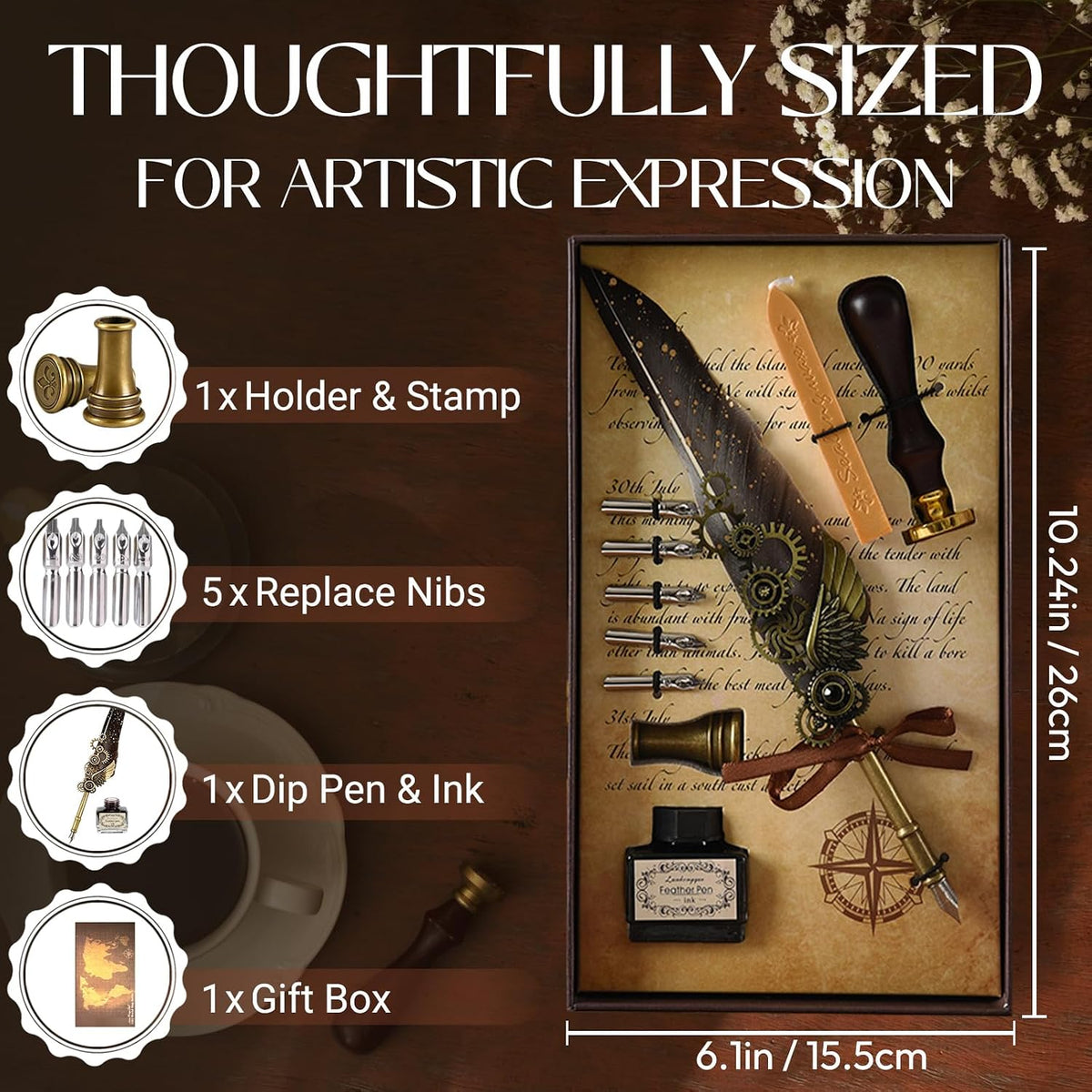 Joyeee Grey Feather Quill Pen Set, with Dip Pen Ink, Pen Nib Base, Replacement Stainless Steel Nibs, Sealing Wax Stamp Kit for Calligraphy Practice, Drawing & Signatures, Best Gifts for Women Men