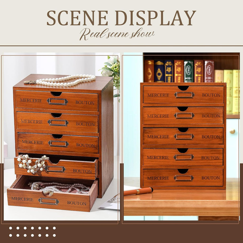 Wesiti Wooden Desk Organizer, 5 Drawers, Vintage Makeup Cabinet, Brown