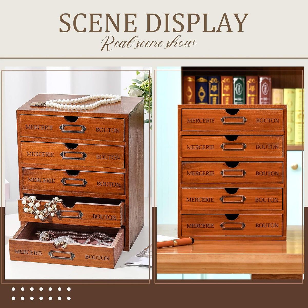 Wesiti Wooden Desk Organizer, 5 Drawers, Vintage Makeup Cabinet, Brown