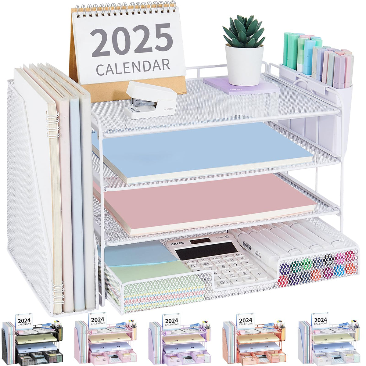 OPNICE Desk Organizer, 4-Tier Desktop File Organizer with Drawer and Pen Holders, Office Desk Accessories, File Sorters, Workspace Organizers for Office Supplies(Black)