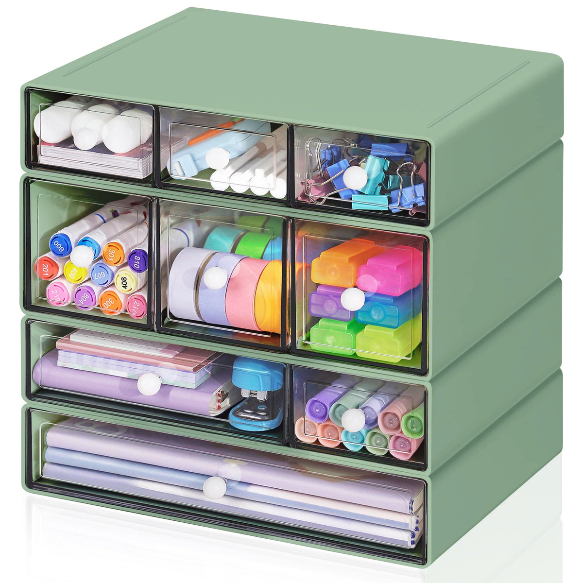 Desk Storage Organizer with 9 Drawers, 4 Tiers Stackable Desktop Craft Storage Drawers, Clear Storage Box Caddy for Stationary Makeup Jewelry Office Craft Supplies (White)