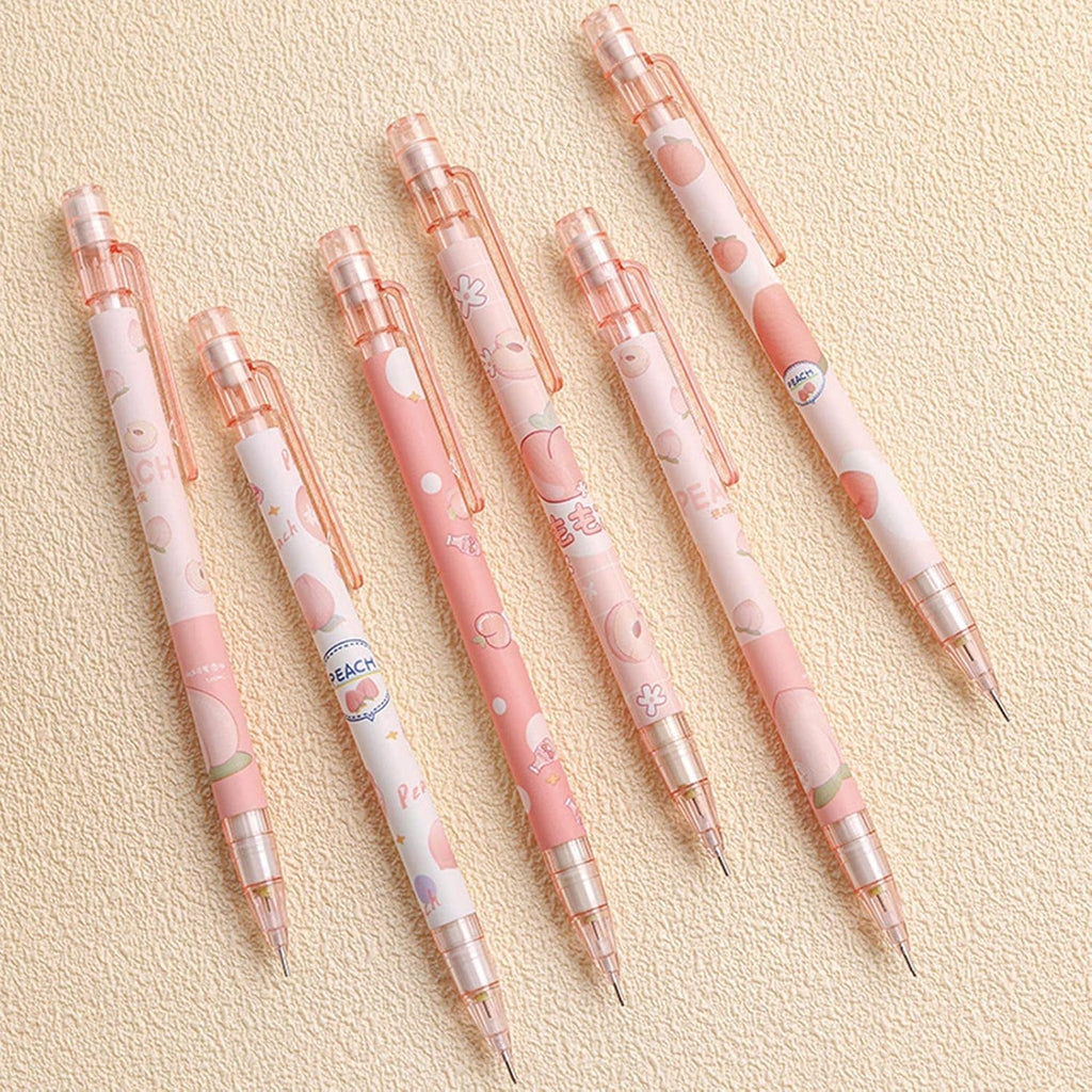 MOZXIRZ 6 Pcs Cute Mechanical Pencils with Eraser 0.5mm Cartoon Peach Mechanical Pencil School Pencil for Women (6pcs Peach/No Refill)