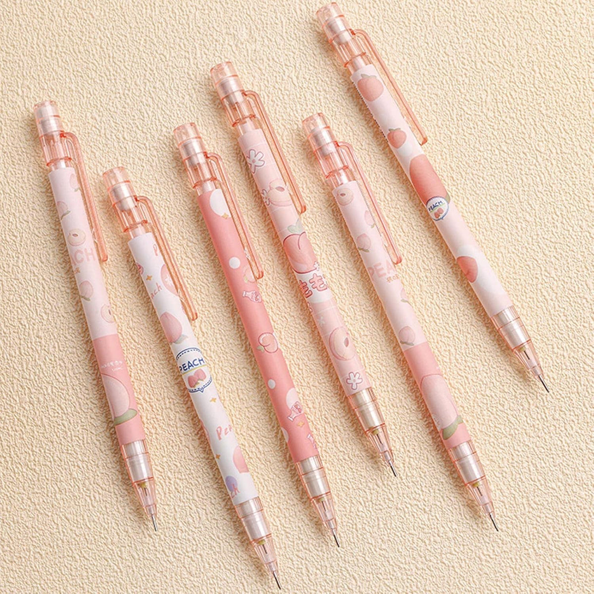 MOZXIRZ 6 Pcs Cute Mechanical Pencils with Eraser 0.5mm Cartoon Peach Mechanical Pencil School Pencil for Women (6pcs Peach/No Refill)