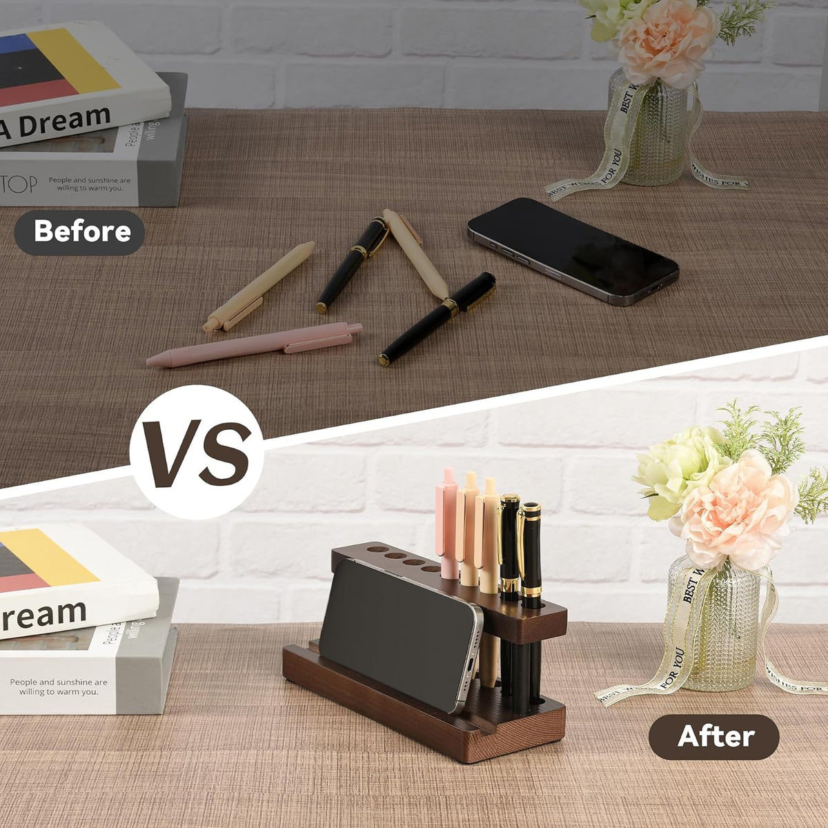 Wooden Pen Holder for Desk, Wood Pencil Holder Fountain Pens Display Stand with 9 Slots and Phone Holder, Stylish Office Desk Decor, Pen Organizer for Office, Home
