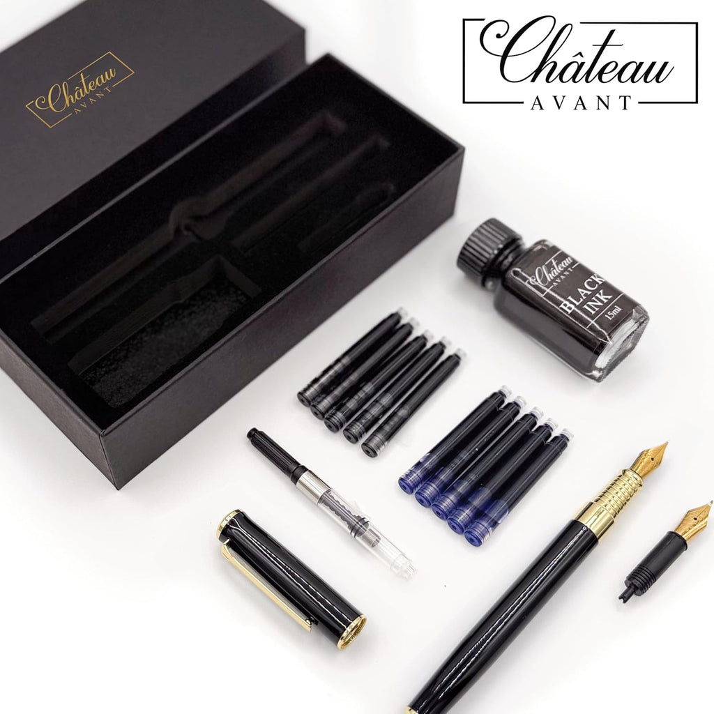 Signature Calligraphy Fountain Pen Gift Set | Black | Fine and Calligraphy Nibs, 10 Ink Cartridges, Ink Bottle and Converter | Writing Gift for Beginners, Graduates and Enthusiasts