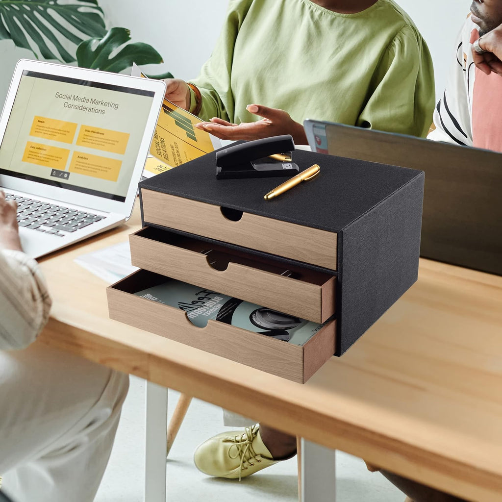 Fashion Multicolor Collocation Leather Desk Organizer File Cabinet Executive Office Supplies Desktop Filing A4 Contract Document Stackable Storage Box with 3 Drawers (Black)