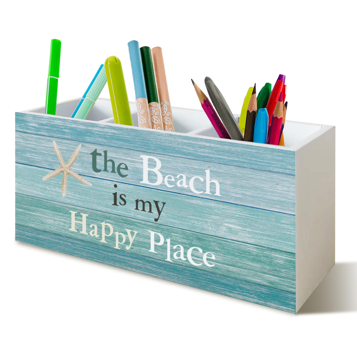 Beach Gifts for Women Men, The Beach Is My Happy Place Pen Holder for Home Office Kitchen Desk Decor, Beach Wooden Pencil Holder Sign Organizer for Home Office Desk Accessories,