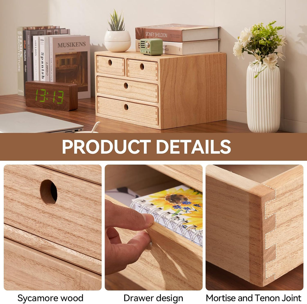 KIRIGEN Wood Desk Organizer with 4 Drawers, Desktop Storage, Natural 34-NA