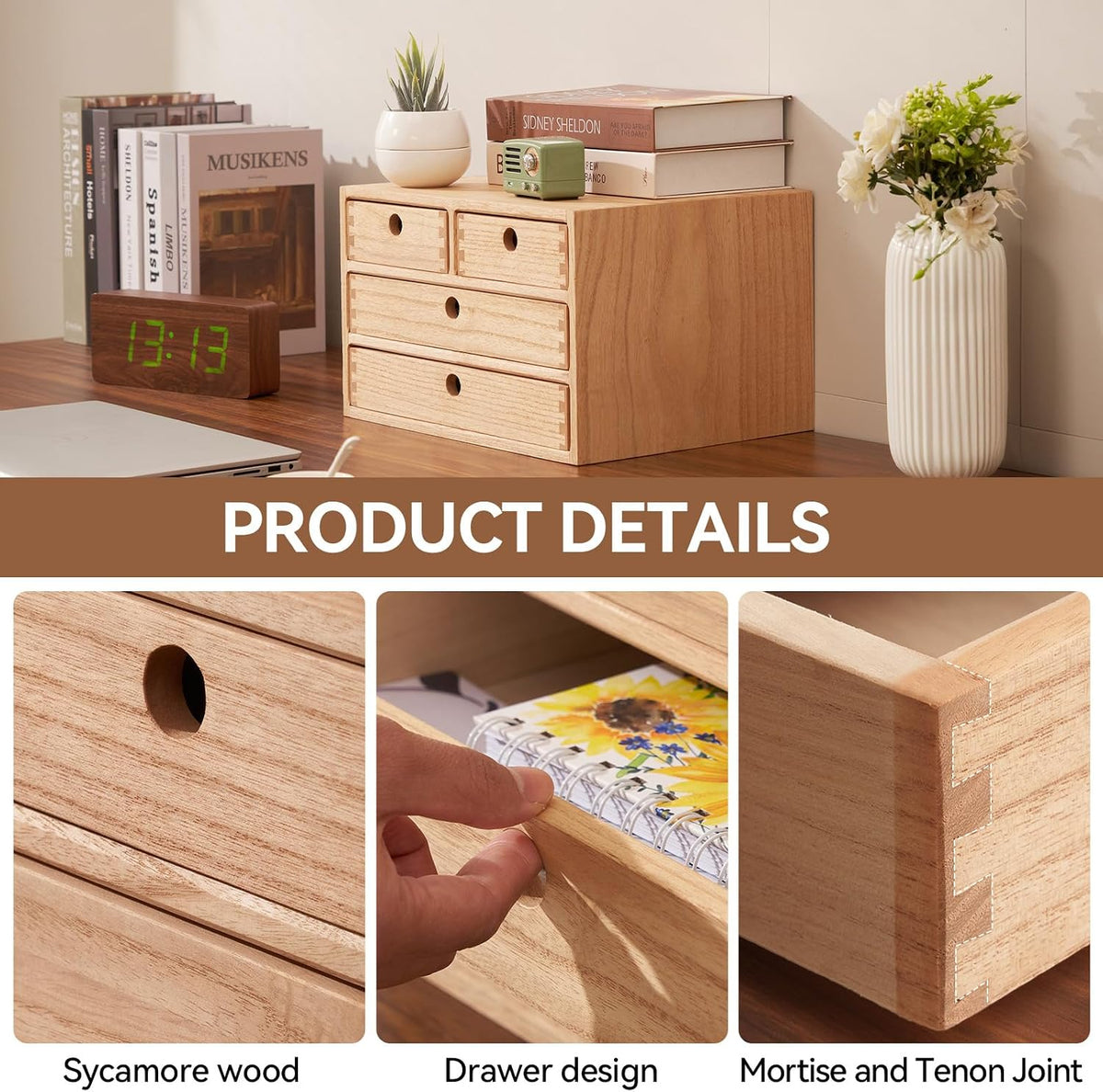 KIRIGEN Wood Desk Organizer with 4 Drawers, Desktop Storage, Natural 34-NA