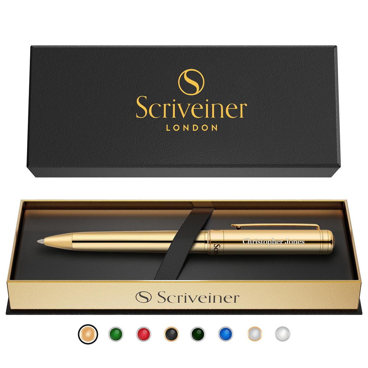 Scriveiner Gold Ballpoint Pen - Stunning Luxury Pen, Real Gold Plating, Schmidt Black Refill, Best Ball Pen Gift Set for Men & Women, Professional Executive Office, Nice Fancy Designer Pens