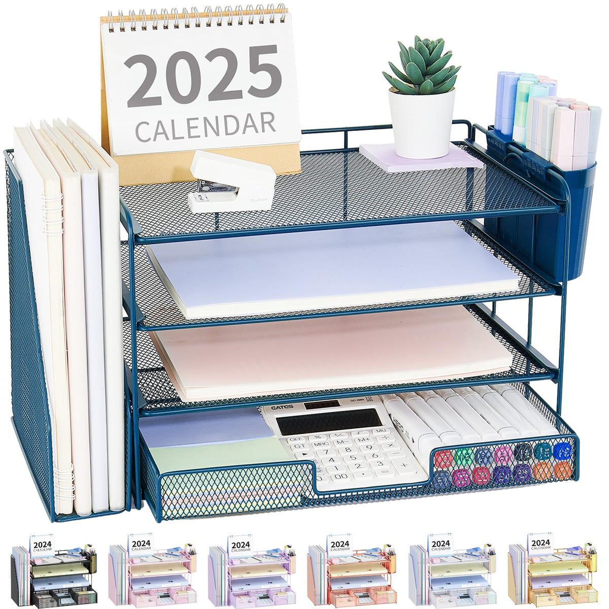 OPNICE Desk Organizer, 4-Tier Desktop File Organizer with Drawer and Pen Holders, Office Desk Accessories, File Sorters, Workspace Organizers for Office Supplies(Black)