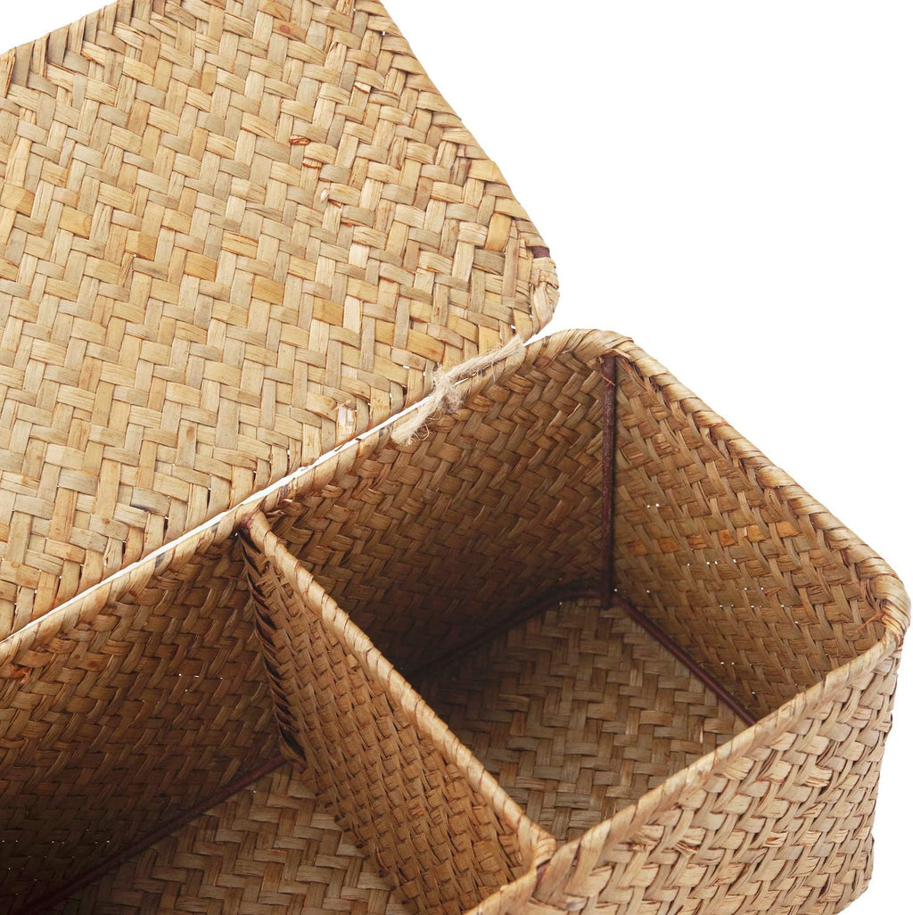 DECRAFTS Seagrass Storage Basket with Lid Rectangular Small Woven Shelf Baskets with Sections for Organize Snack Toys Tampon