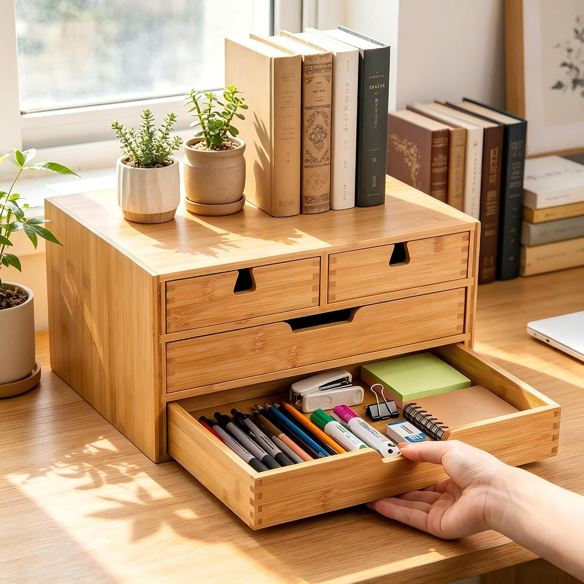 DEAYOU Bamboo Desk Organizer, 100% Natural Bamboo Desktop Drawer Organizer, Tabletop Storage Cabinet Organization Box with 4 Drawers for Makeup, Letter, Home Office Supplies, 3-Layer, Fully Assembled