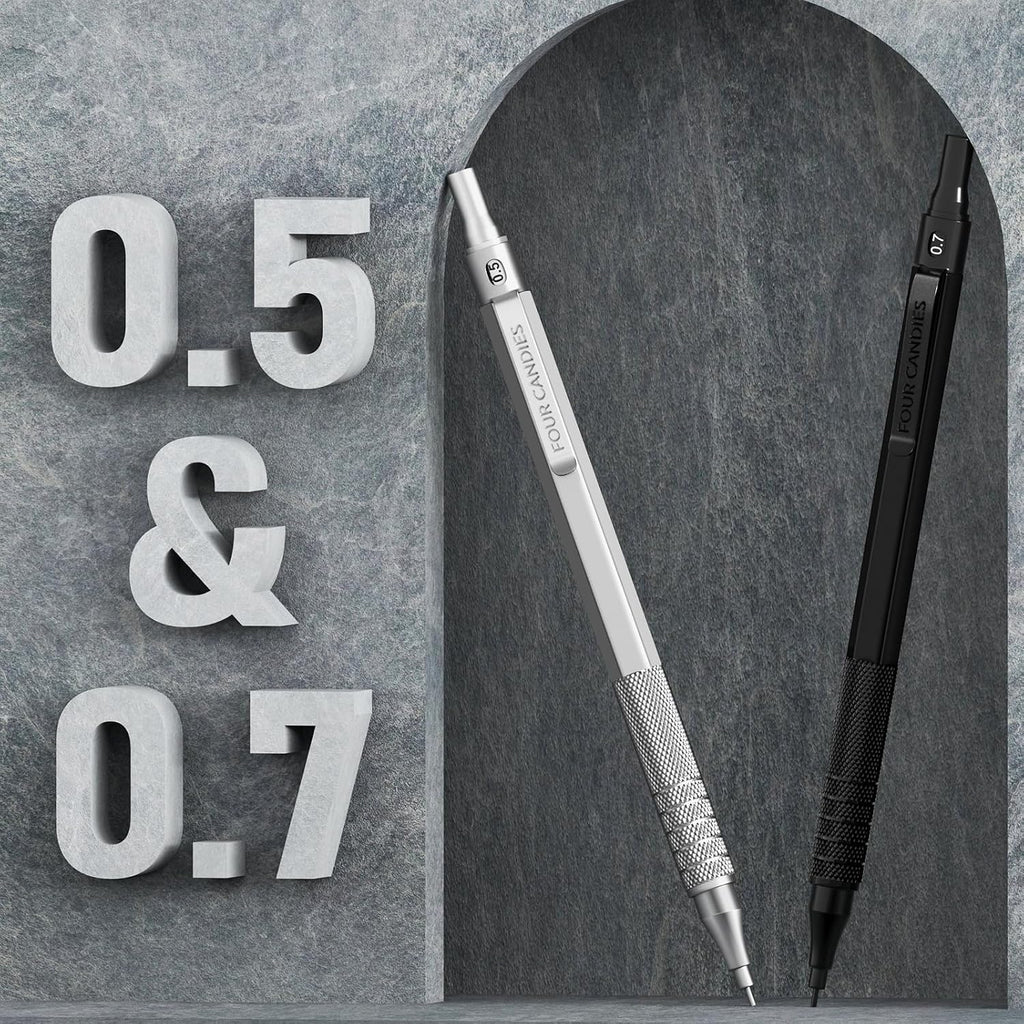 2PCS Metal Mechanical Pencil Set, 0.5mm+0.7mm, Storage Case, Black＆Silver